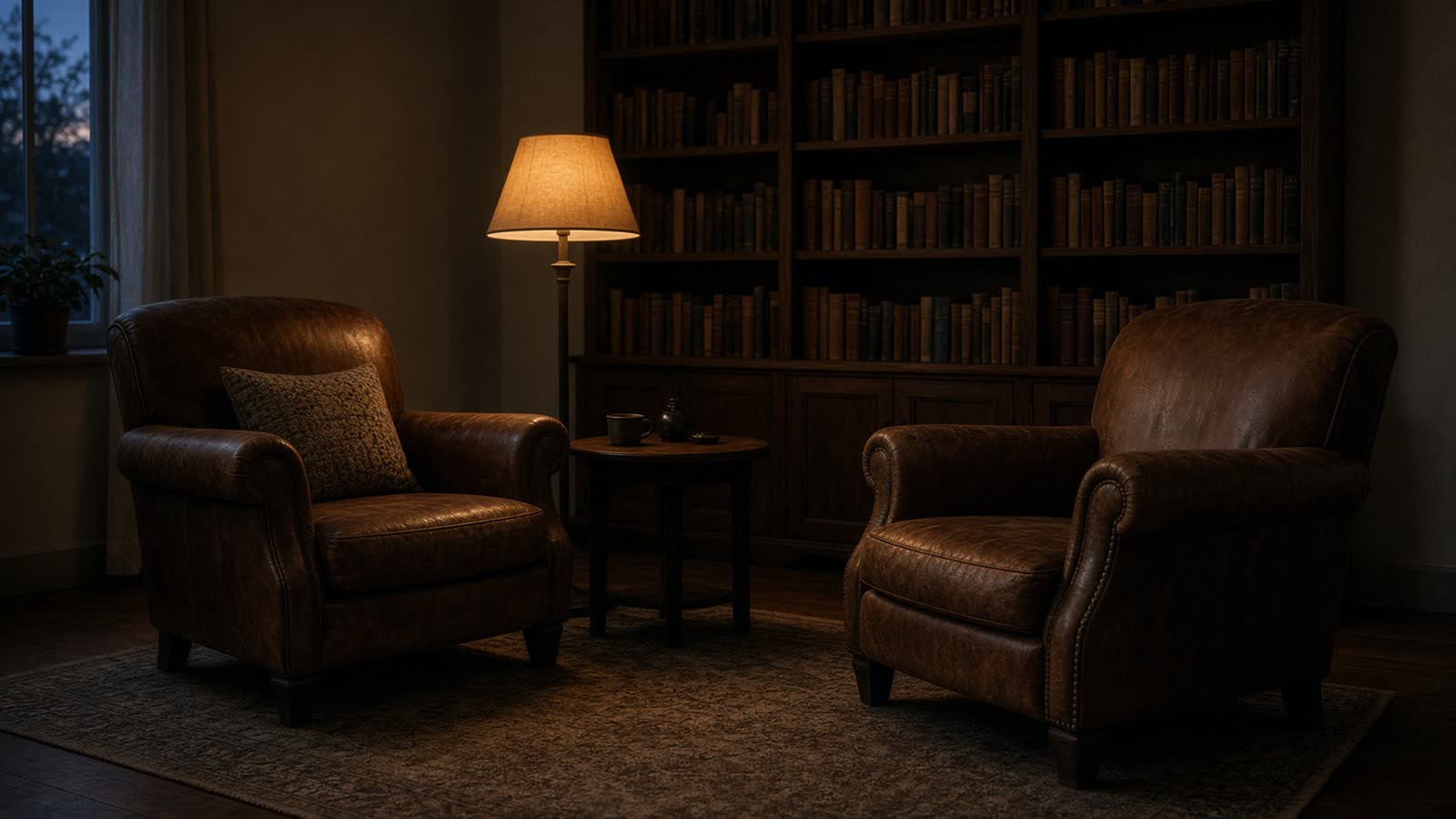 Duas poltronas frente a frente, à meia-luz, no consultório